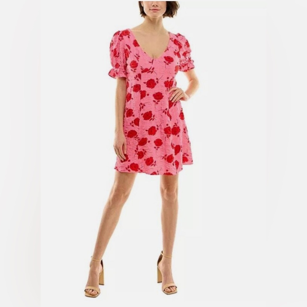 Pink Floral V-Neck Puff Sleeve Mini Dress